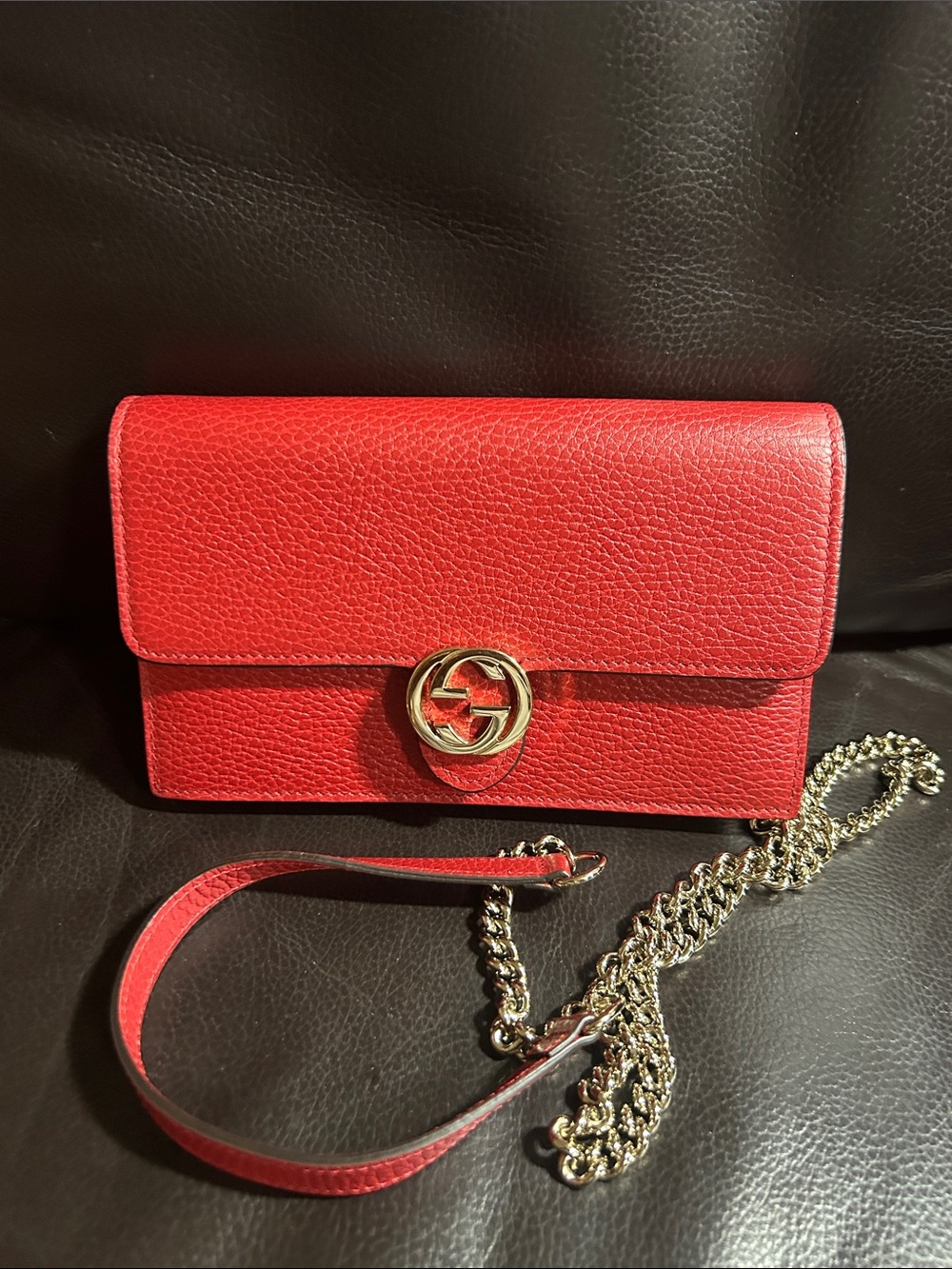 Gucci Red Leather GG Chain Crossbody Wallet